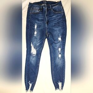 Dark Wash WAX Distressed Frayed Hem Skinny Jeans Size 14